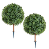 Artificial Topiary Boxwood Trees With Ground Spike, 27 Inch 2 Set Faux Shrubs & Bushes Potted Plants, Fake Silk Tree Look Real For Decor Front Porch Outdoor Indoor Patio Garden Balcony Backyard