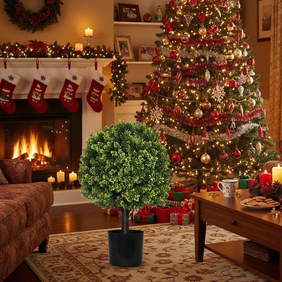 2PCS Set 22in Artificial Trees Natural Topiary Balls Outdoor Decor Pre-Lit Faux Plants For Porch Patio Balcony Year-Round Holiday Home Decor Vibrant Greenery