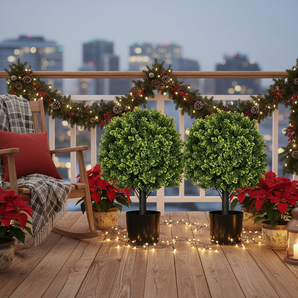 2PCS Set 22in Artificial Trees Natural Topiary Balls Outdoor Decor Pre-Lit Faux Plants For Porch Patio Balcony Year-Round Holiday Home Decor Vibrant Greenery
