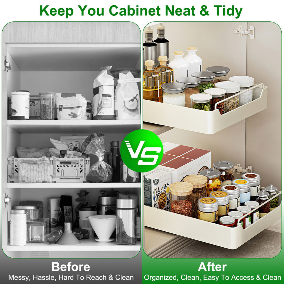 2Pcs Pull Out Cabinet Organizers Sliding Shelf Spice Rack Carbon Steel Roll Out Drawers Fixed With Adhesive Nano Film With Handle 55LBS Max Load