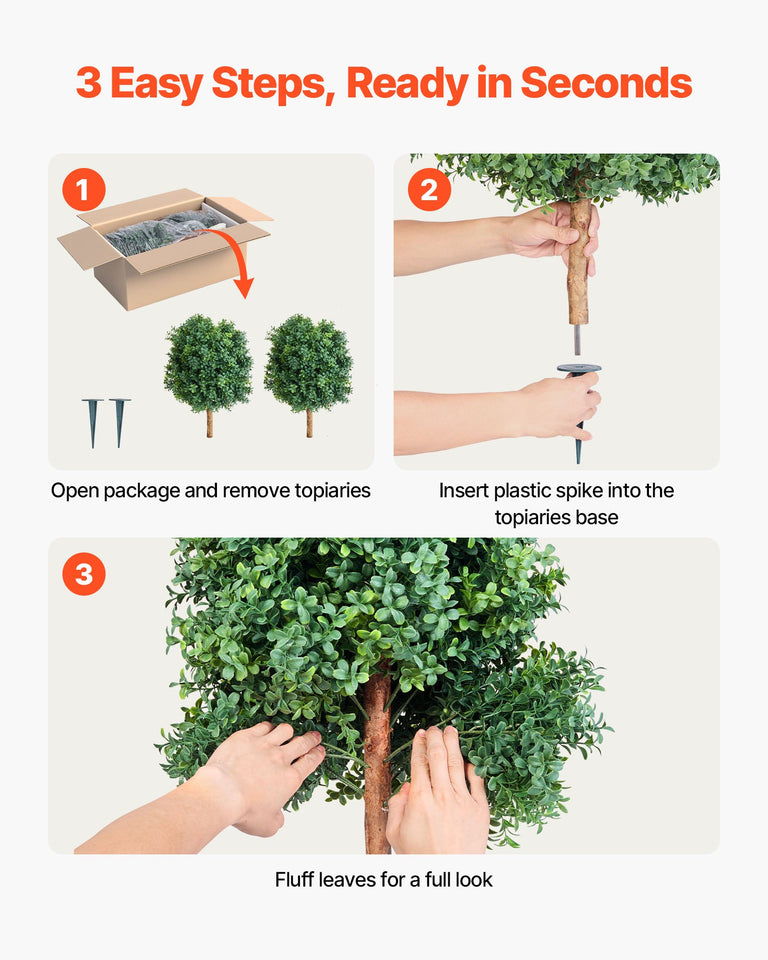 Artificial Topiary Boxwood Trees With Ground Spike, 27 Inch 2 Set Faux Shrubs & Bushes Potted Plants, Fake Silk Tree Look Real For Decor Front Porch Outdoor Indoor Patio Garden Balcony Backyard