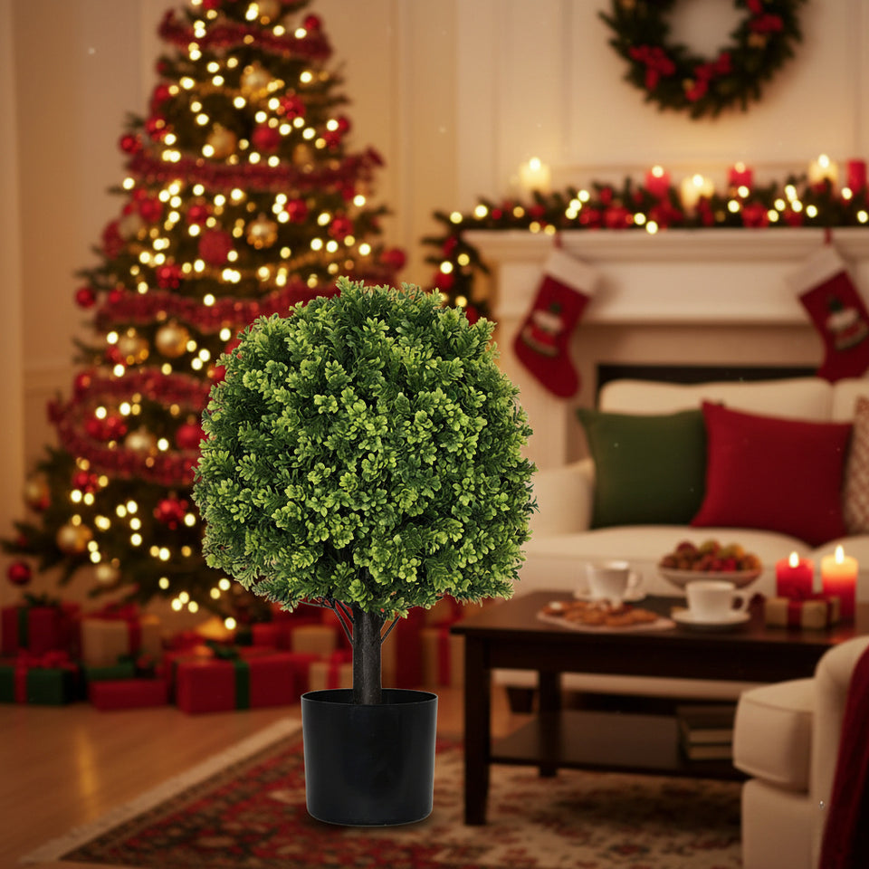2PCS Set 22in Artificial Trees Natural Topiary Balls Outdoor Decor Pre-Lit Faux Plants For Porch Patio Balcony Year-Round Holiday Home Decor Vibrant Greenery