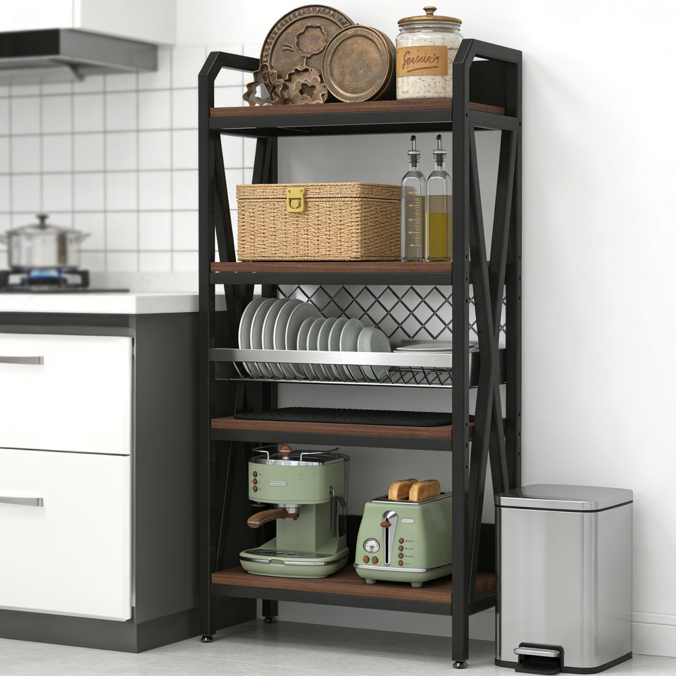 56.30 Bakers Rack 4-Level Storage Shelves Mental And Wooden Kitchen Shelves, Kitchen Organizers And Storage, For Garage, Pantry, Bathroom ,25.60 Length