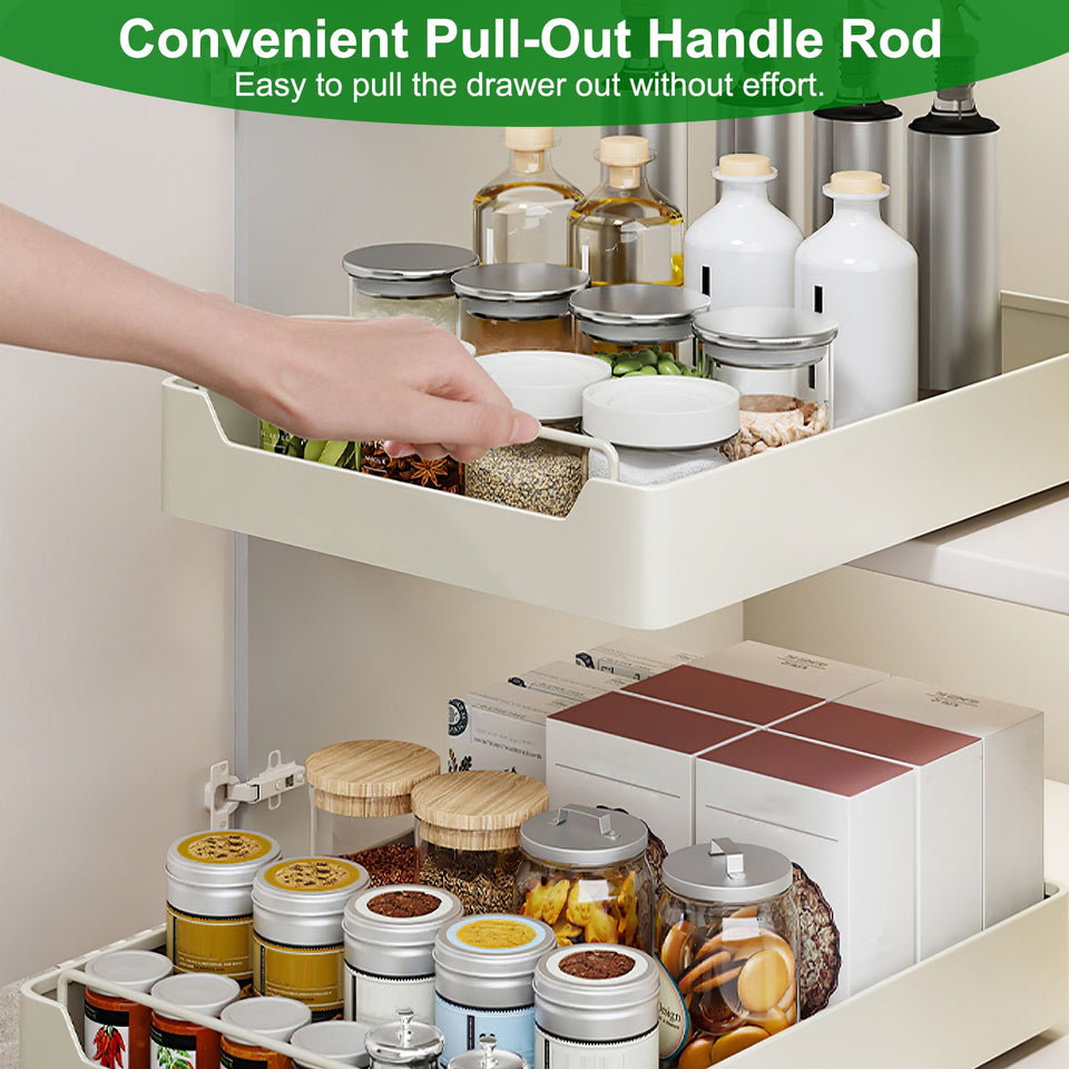 2Pcs Pull Out Cabinet Organizers Sliding Shelf Spice Rack Carbon Steel Roll Out Drawers Fixed With Adhesive Nano Film With Handle 55LBS Max Load