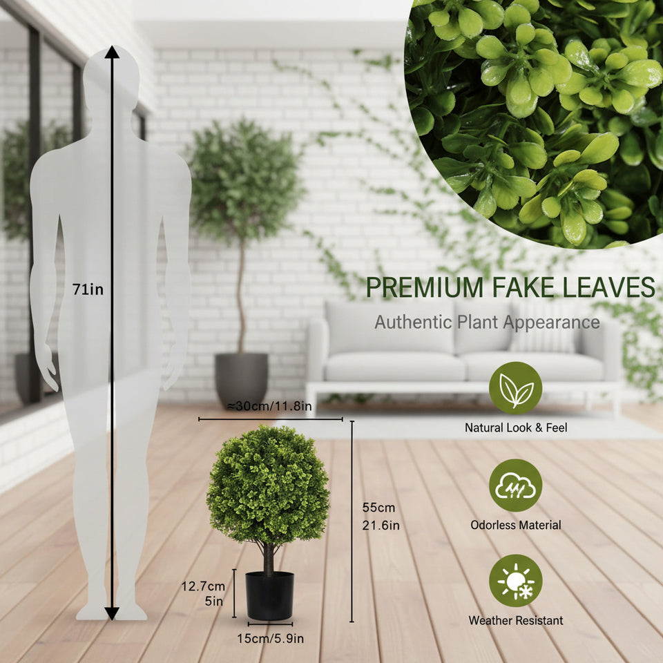 2PCS Set 22in Artificial Trees Natural Topiary Balls Outdoor Decor Pre-Lit Faux Plants For Porch Patio Balcony Year-Round Holiday Home Decor Vibrant Greenery
